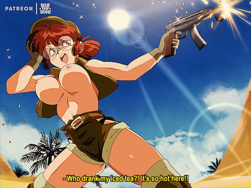 action_pose bare_midriff big_breasts bluethebone breasts brown_hair crop_top erect_nipples female female_focus female_only fio_germi glasses gloves gun large_breasts metal_slug military military_hat military_jacket navel nipple_bulge nipples outdoors ponytail pose posing retro_artstyle shooting short_shorts snk solo tagme tank_top thighhighs