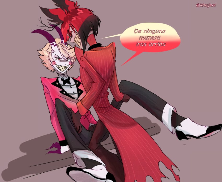 2boys alastor_(hazbin_hotel) charlie_morningstar clothing genderswap_(ftm) hazbin_hotel male male_charlie_morningstar male_only rule_63 smooth_skin tagme translation_request tuxedo vivienne_medrano