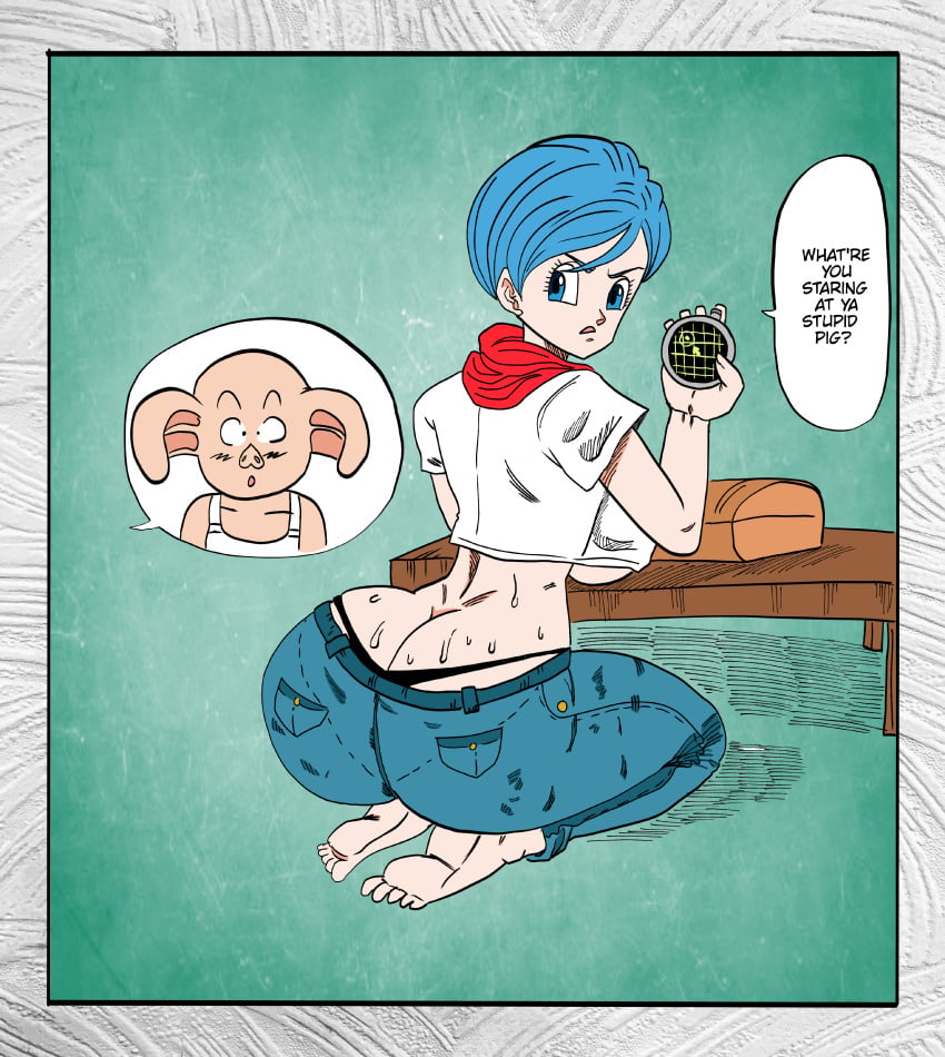 1boy 1girls ass big_ass big_breasts big_butt breasts bulma_briefs clothed_female doompypomp dragon_ball dragon_ball_super fully_clothed krimreaper oolong recolor text