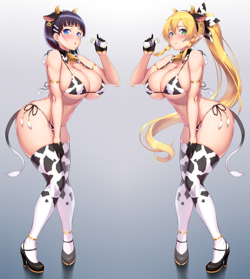 2girls absurd_res animal_ears animal_print bangs bare_shoulders bell bell_collar big_breasts bikini black_footwear black_gloves black_hair blonde_hair blue_eyes blunt_bangs blush bottle breasts brown_hair clavicle cleavage collar cow_bell cow_ears cow_girl cow_horns cow_print cow_tail edited elbow_gloves elf elf_ears elf_female erect_nipples erect_nipples_under_clothes fake_animal_ears fake_horns fake_tail female female_human fit_female full_body gloves gradient gradient_background green_eyes grey_background hair_ornament hairclip hand_on_own_thigh hand_on_thigh hi_res high_heels horns hourglass_figure huge_breasts human kawase_seiki kirigaya_suguha knees_together knees_together_feet_apart large_breasts leafa leaning_forward light-skinned_female linea_alba long_hair looking_at_viewer milk_bottle navel nipples open_mouth pointy_ears print_legwear shoes short_hair side-tie_bikini simple_background skindentation slim_waist smile swimsuit sword_art_online symmetrical_docking tail thick_thighs thighhighs variant_set wide_hips