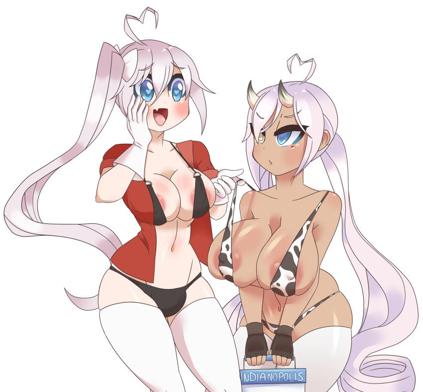 1futa 1girls azur_lane big_breasts big_nipples black_gloves blue_eyes bucket byternomar cow_girl cow_print dark-skinned_female female futanari heart-shaped_pupils heterochromia horns human humanoid indianapolis_(azur_lane) light-skinned_female light_hair light_skin long_hair lube_on_skin lubed_up milk_bottle milk_bucket penis_bulge ponytail portland_(azur_lane) shiny_skin tan_skin thick_thighs voluptuous white_hair white_legwear white_thighhighs