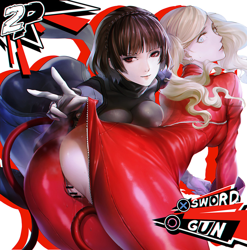 2girls ann_takamaki atlus bar_censor blonde_hair blush bodysuit breasts brown_hair censored earrings english_text exposed_pussy glassjill gloves green_eyes highres jewelry long_hair makoto_niijima multiple_girls open_clothes persona persona_5 phantom_thief_suit pink_gloves pussy pussy_juice red_bodysuit red_eyes sega tail twintails yuri