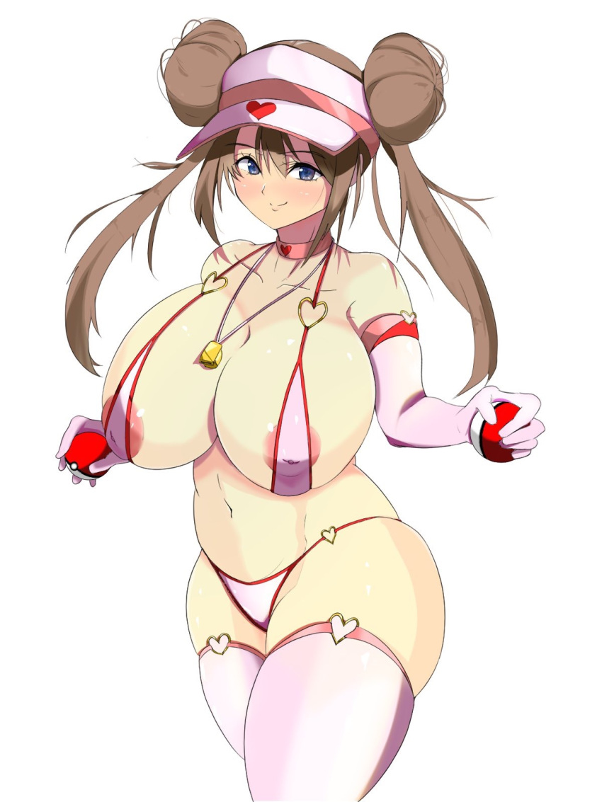 1girls alternate_breast_size areolae big_breasts bikini blue_eyes blush brown_hair curvaceous double_bun eye_contact female gloves hat huge_breasts kia-shi large_breasts looking_at_viewer micro_bikini nintendo pokemon pokemon_bw2 rosa_(pokemon) smile solo standing thick_thighs thigh_gap thighhighs thighs twintails voluptuous