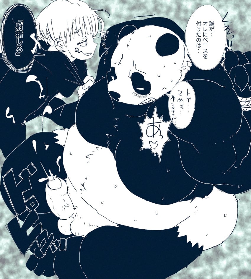 2021 anthro ass balls belly blush bodily_fluids bound cum dumdum duo ejaculation erection genital_fluids genitals giant_panda hi_res human jujutsu_kaisen kemono male male_only mammal moobs overweight overweight_male panda_(jujutsu_kaisen) penis rope sweat toge_inumaki translation_request ursid