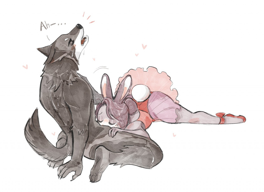 anthro canid canine canis closed_eyes duo fellatio female fur grey_body grey_fur hair heart lagomorph leporid male male/female mammal open_mouth oral penile peonybunny rabbit sex wolf