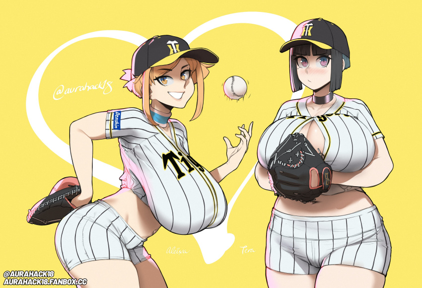 2girls aleixa_(aurahack) aurahack baseball baseball_(ball) baseball_cap baseball_glove baseball_uniform big_breasts breasts cleavage female female_only huge_breasts large_breasts looking_at_viewer tera_(aurahack) thick_thighs wide_hips