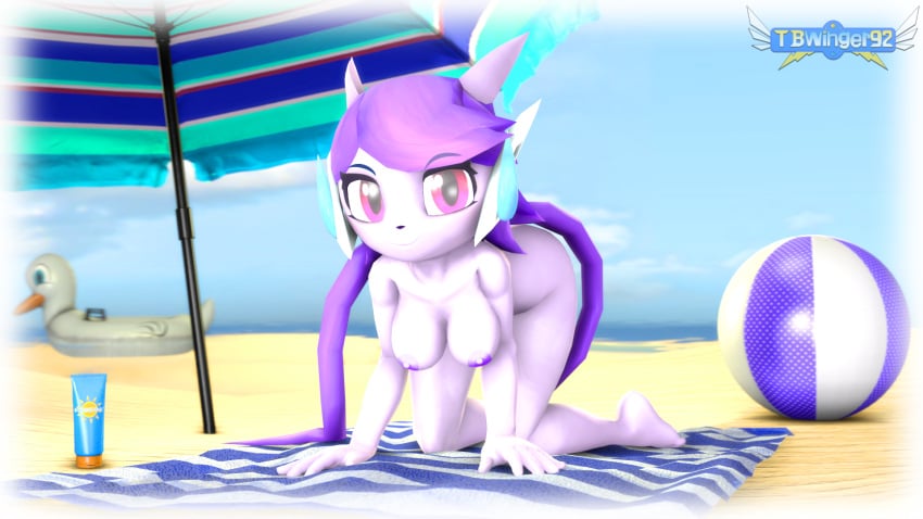 3d 3d_(artwork) all_fours anthro aquatic_dragon asian_mythology beach beach_ball beach_towel beach_umbrella big_breasts breasts dragon erect_nipples female female_protagonist freedom_planet horns looking_at_viewer nipples nude nude_female purple_hair purple_nipples purple_skin sand sash_lilac smile smiling smiling_at_viewer source_filmmaker tbwinger92 twintails video_games