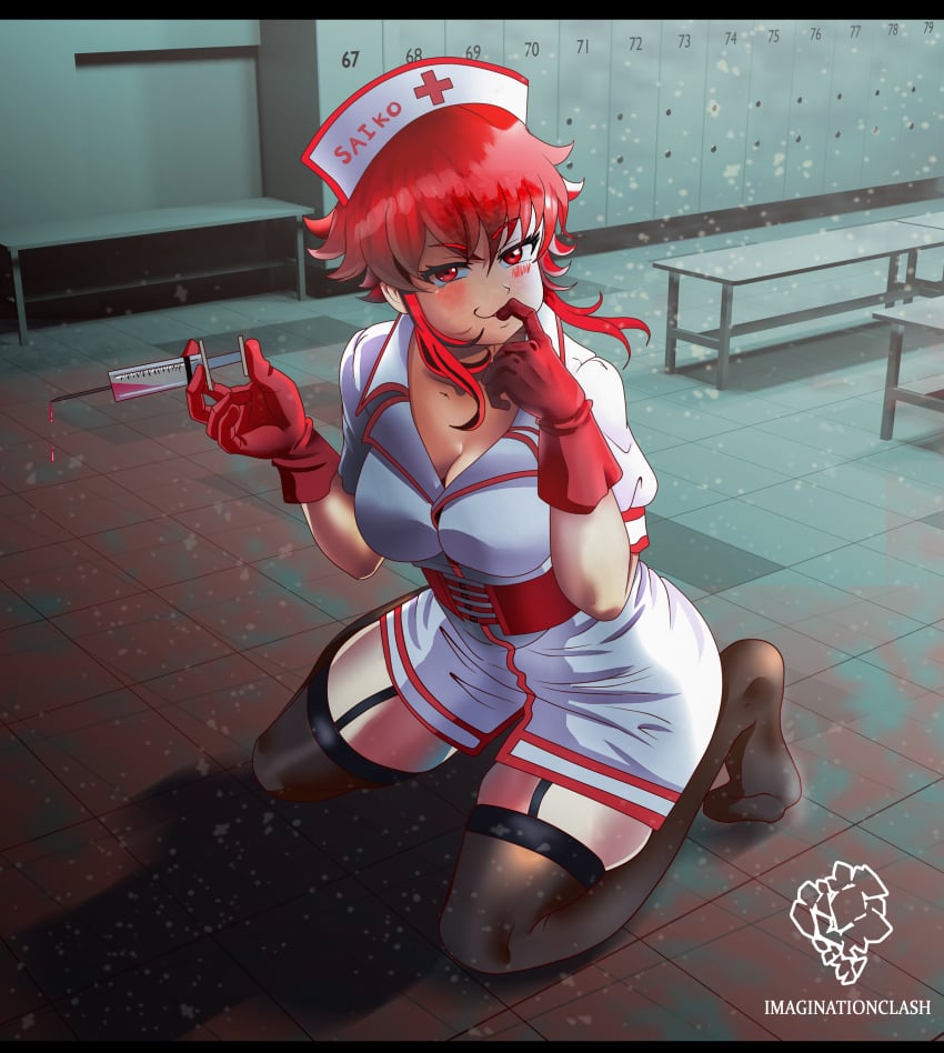 crovoic female female_focus female_only gloves kneeling looking_at_viewer nurse nurse_hat nurse_uniform red_eyes red_hair saiko-chan saiko_no_sutoka watermark yandere