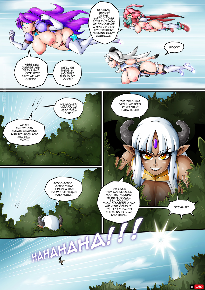 alira_darkboob comic dialogue english_text exposed_breasts female_only large_ass large_breasts page_15 partially_clothed pink_(witchking00) purple_hair revealing_clothes text thick_thighs topless_uniform violet_(witchking00) white_(witchking00) witchking00