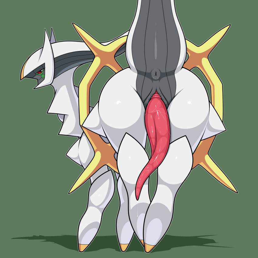 1:1 1boy absurd_res anus arceus ass feral genitals green_background hi_res legendary_pokémon looking_at_viewer looking_back male male_only male_pokemon nintendo penis pokémon_(species) pokemon rear_view simple_background solo solo_male standing tapering_penis video_games white_body zeamaeri