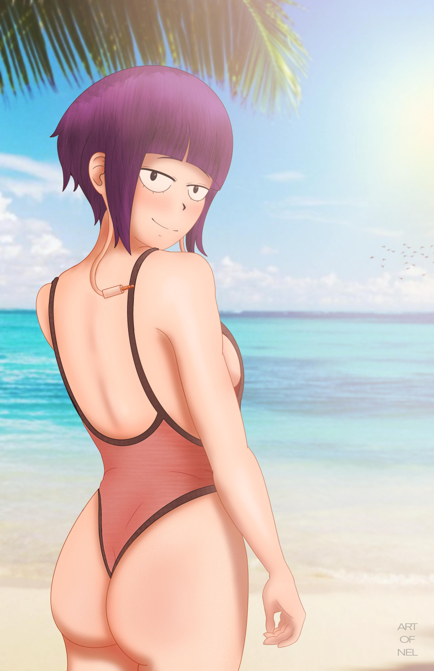 1girls ass backless beach black_eyes blunt_bangs blush breasts cable female female_only from_behind headphones kyoka_jiro looking_at_viewer looking_back my_hero_academia ocean one-piece_swimsuit outdoors palm_tree purple_hair sand short_hair sideboob smile sunlight swimsuit theartofnel