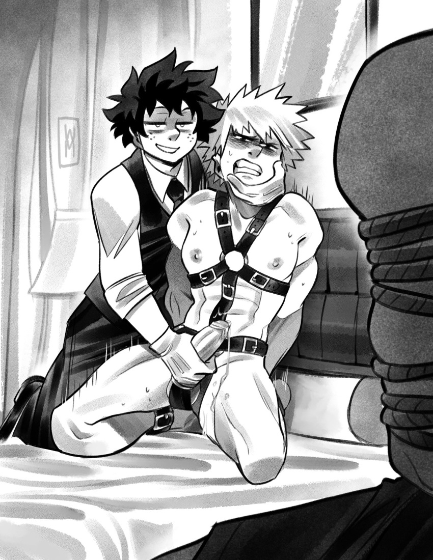 2boys black_and_white blushing bondage bondage_gear bondage_harness bound cum_on_body cum_on_self forced_handjob forced_orgasm handjob hands_behind_back harness hate_fucking hate_sex izuku_midoriya katsuki_bakugou male male/male male_only malesub mocking my_hero_academia penis questionable_consent revenge revenge_sex smug_face suit suit_and_tie villain villain_deku wildmage yaoi