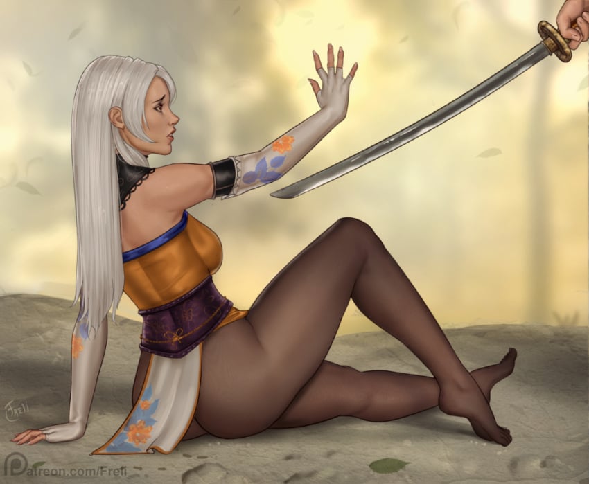 1girls ass defeated defeated_heroine female_focus freli full_body gloves hips naraka:_bladepoint pantyhose scared sitting sword weapon white_hair