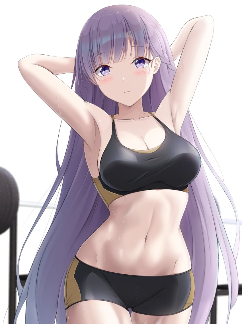 1girls absurdres armpits arms_behind_head arms_up bare_arms bare_shoulders bike_shorts black_shorts blush breasts cleavage collarbone commission cowboy_shot female fire_emblem fire_emblem:_the_binding_blade highres keenh large_breasts long_hair midriff navel nintendo purple_eyes purple_hair short_shorts shorts solo solo_female sophia_(fire_emblem) sports_bra standing stomach toned very_long_hair