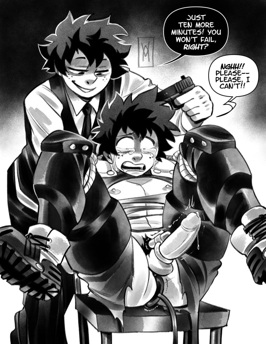 2boys black_and_white bondage chair_bondage crying domination forced forced_orgasm front_view gay gun gun_to_head human human_only humiliation imminent_death izuku_midoriya male male/male male_focus male_on_male male_only my_hero_academia orgasm_denial precum precum_drip rape resisting resisting_orgasm ripped_clothing ripped_pants selfcest tears threatening trying_not_to_cum vibrator vibrator_in_ass vibrator_on_penis villain villain_deku wildmage