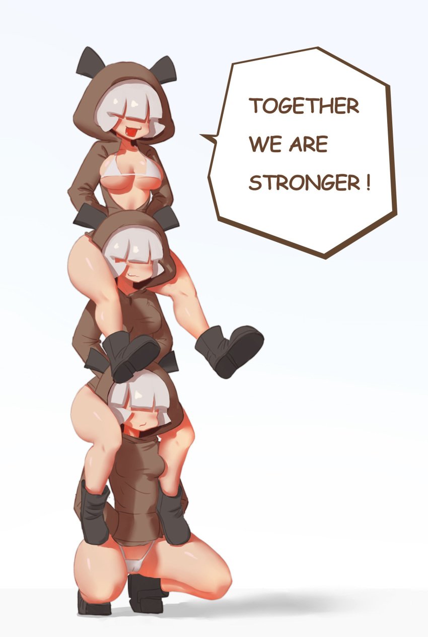 2019 3girls absurd_res bare_legs bikini breasts breasts_out brown_clothing cameltoe cleavage clothing driverbunny37 english_text fangs female female_only goomba goomba_girl grey_background grey_hair hair_over_eyes hands_in_pockets highres hoodie humanized mario_(series) medium_breasts multiple_girls nintendo open_clothes open_mouth shadow shoes shoulder_carry simple_background sitting_on_person sitting_on_shoulders smile speech_bubble squatting swimsuit text thick_thighs thighs underboob white_bikini