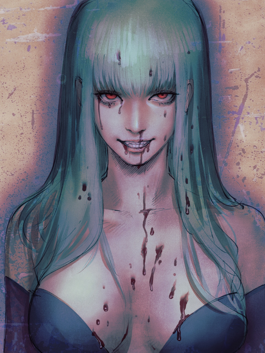 bare_shoulders blood blood_from_mouth blood_on_breasts blood_on_face bloody_hair clothing collarbone darkstalkers dripping fangs female fujii_eishun green_hair hatching_(texture) highres long_hair looking_at_viewer morrigan_aensland nosebleed pink_lips red_eyes sketch small_breasts smile solo succubus teeth upper_body vampire