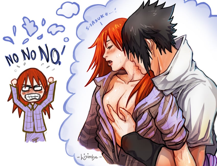 1boy 1girls angry bite bite_mark bite_marks biting biting_neck black_hair blush breast_grab breasts breasts_out cleavage clenched_teeth embarrassed fantasizing fantasy female glasses grabbing_from_behind imagination imagining lisimba-art long_hair male naruto naruto_shippuden open_clothes open_mouth red_hair sasuke_uchiha scars sweat text thought_bubble uzumaki_karin