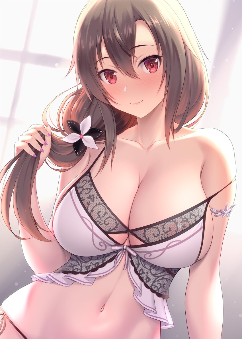 bare_shoulders belly blush bra breasts brown_hair cleavage collarbone eydis_synthesis_ten eye_contact female hair hair_grab holding_hair kawase_seiki lingerie looking_at_viewer medium_breasts navel red_eyes solo solo_female solo_focus stomach sword_art_online underwear