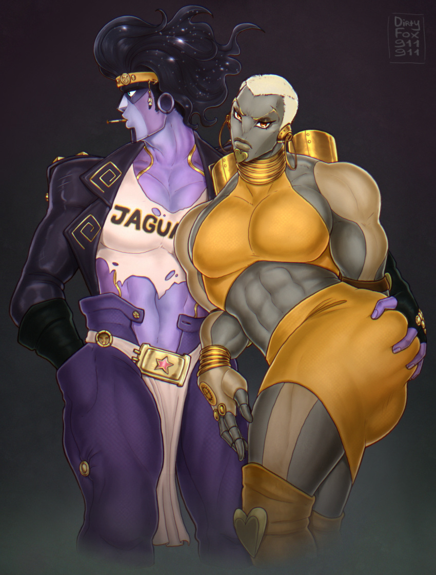 black_hair butt_grab crop_top crossdressing drip fingerless_gloves fully_clothed goes_hard gold_jewelry humanoid jojo's_bizarre_adventure leather_jacket loincloth long_hair male male_only miserdirt short_hair short_skirt skirt stand_(jjba) star_platinum stardust_crusaders the_world white_hair