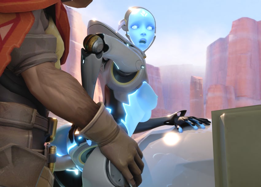 3d anal anal_sex ass blender blizzard_entertainment cole_cassidy echo_(overwatch) female fjvnb from_behind from_behind_position hand_on_ass human human_penetrating humanoid looking_at_partner looking_back male male/female medium_breasts omnic overwatch rape robot robot_girl sex straight surprised_face unseen_male_face