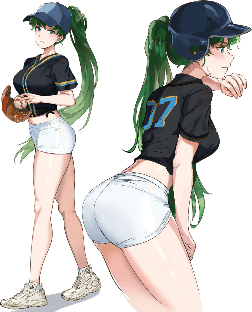 1girls absurdres alternate_costume ass baseball baseball_cap baseball_helmet baseball_mitt baseball_uniform black_shirt blush breasts female fire_emblem fire_emblem:_the_blazing_blade green_eyes green_hair hat helmet highres large_breasts legs long_hair looking_at_viewer lyn_(fire_emblem) lyndis_(fire_emblem) midriff multiple_views navel nintendo ormille ponytail shirt shorts solo sportswear sweat thighs very_long_hair white_background white_shorts