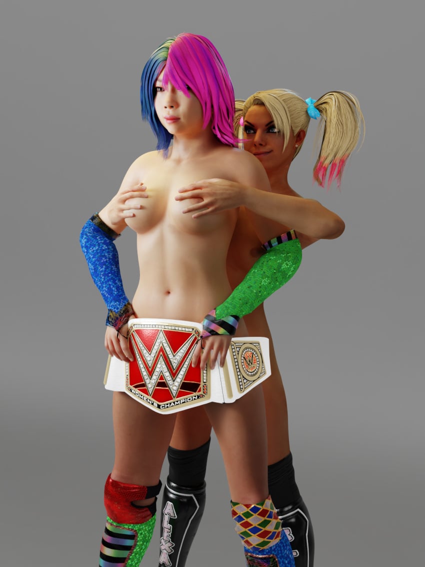 2girls 3d alexa_bliss asian asian_female asuka_(wwe_diva) based_purple blender breast_grab breasts censored_pussy championship_belt female female_only hand_bra handbra nipples smirking twintails wrestling_belt wwe wwe_2k wwe_diva wwe_raw_women's_championship_belt wwe_womens_championship_belt yuri