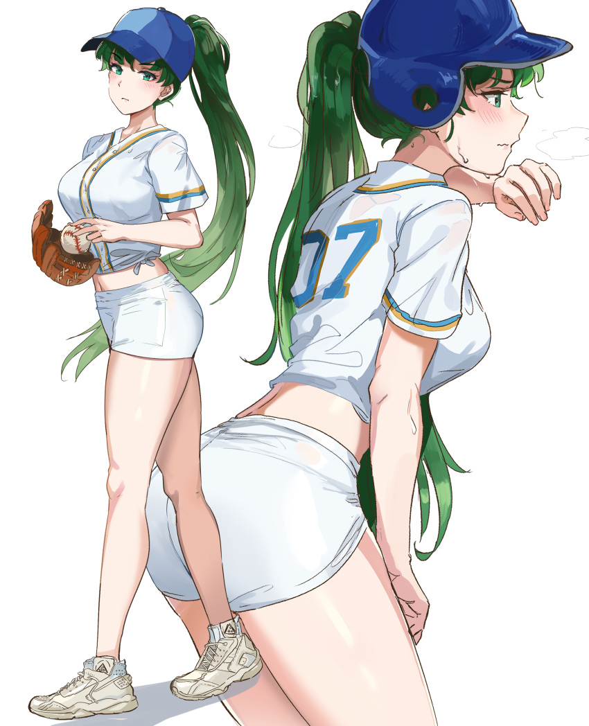 1girls absurdres alternate_costume ass baseball baseball_cap baseball_helmet baseball_mitt baseball_uniform blush breasts commentary female fire_emblem fire_emblem:_the_blazing_blade green_eyes green_hair hat helmet highres large_breasts legs long_hair looking_at_viewer lyn_(fire_emblem) lyndis_(fire_emblem) midriff multiple_views navel nintendo ormille ponytail shirt shorts solo sportswear sweat symbol_commentary thighs very_long_hair white_background white_shirt white_shorts