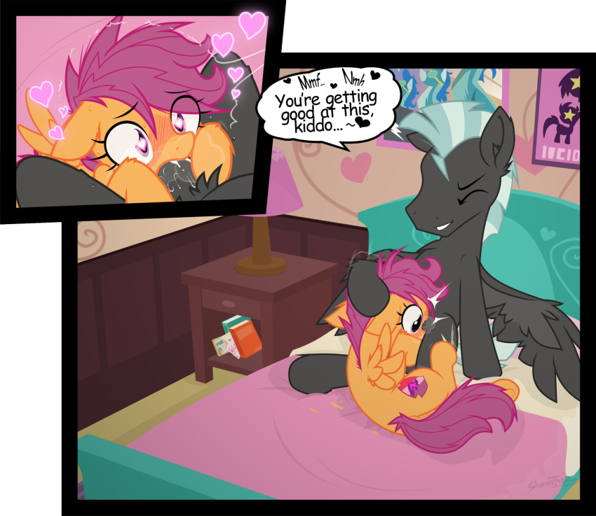 age_difference ahe_gao bed bedroom dialogue duo fellatio female feral friendship_is_magic furniture hasbro hi_res looking_pleasured male male/female my_little_pony oral penile scootaloo_(mlp) sex sherathoz thunderlane_(mlp) young