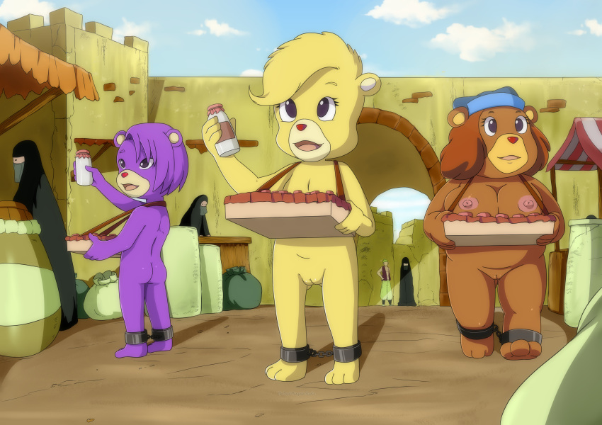 absurd_res adventures_of_the_gummi_bears anthro breasts brown_body chains clothing detailed_background disney female fiona_gummi_(fan_character) fur genitals grammi_gummi group hair hat headgear headwear hi_res human mammal nipples nude orange_hair purple_body purple_fur pussy red_nose slave sunni_gummi the_dark_mangaka ursid yellow_body yellow_fur young