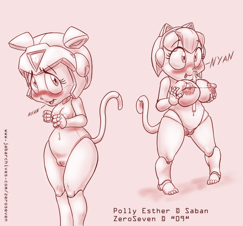 1girls 2009 anthro breasts domestic_cat feline female fur furry helmet mammal monochrome nipples nude polly_esther pussy samurai_pizza_cats short_hair tagme tail wide_hips zeroseven