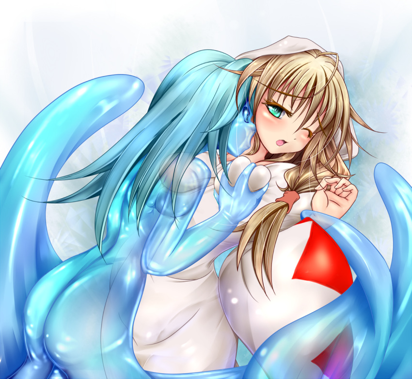 blonde_hair blush breast_squeeze breasts female final_fantasy final_fantasy_tactics final_fantasy_tactics_(original) goo_girl green_eyes monikano monster_girl multiple_girls robe slime slime_girl white_mage white_mage_(fft) yuri