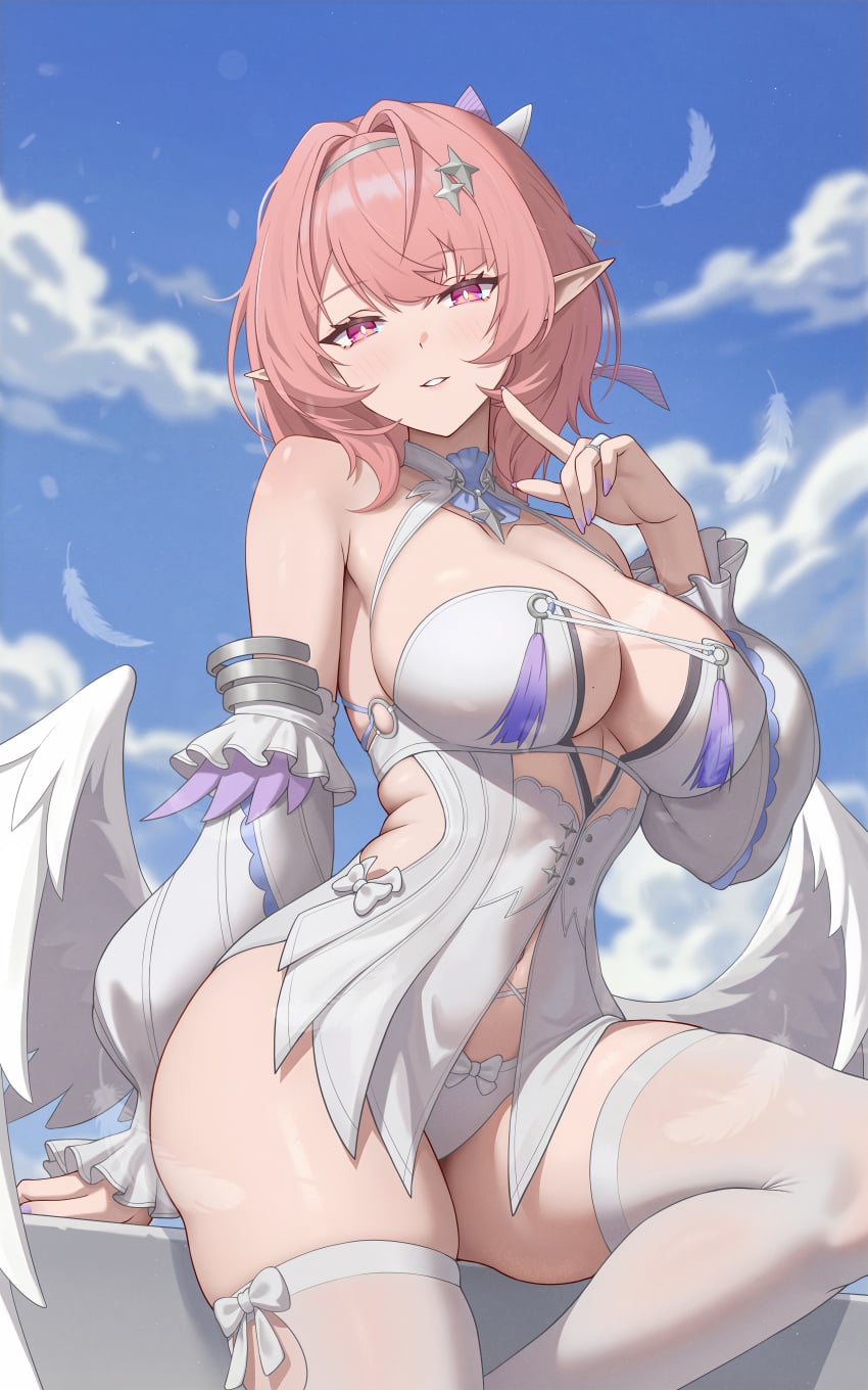 absurdres bare_shoulders big_breasts blue_sky blush breasts cloud cloudy_sky colored_nails commentary day detached_sleeves dress feathered_wings feathers frills hair_intakes hair_ornament highres large_breasts long_nails long_sleeves looking_at_viewer medium_hair mole mole_on_breast outdoors painted_nails panties pink_hair pointy_ears purple_eyes remielle_dan sitting sky smile solo star_(symbol) star_hair_ornament thighhighs underwear white_dress white_feathers white_panties white_thighhighs white_wings wings zenless_zone_zero
