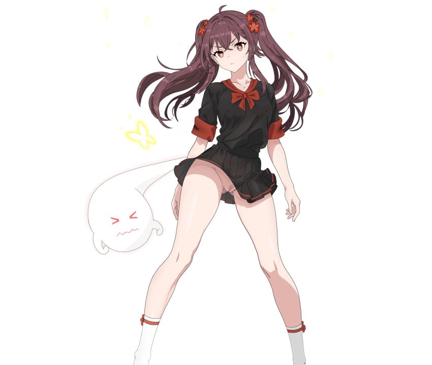 1girl absurd_res absurdres black_shirt black_skirt boo_tao_(genshin_impact) bow bowtie brown_hair bug butterfly censored clip_studio_paint_(medium) closed_mouth clothes_lift contemporary crossed_bangs female female_only female_pubic_hair flower flower-shaped_pupils genshin_impact ghost gluteal_fold hair_flower hair_ornament high_resolution highres hu_tao_(genshin_impact) insect ir_who long_hair looking_at_viewer miniskirt mosaic_censoring no_panties no_panties_under_skirt pubic_hair red_bow red_bowtie red_eyes red_flower school_uniform shirt shirt_tucked_in short_sleeves skirt skirt_lift socks solo symbol-shaped_pupils twintails upskirt vagina white_background white_socks