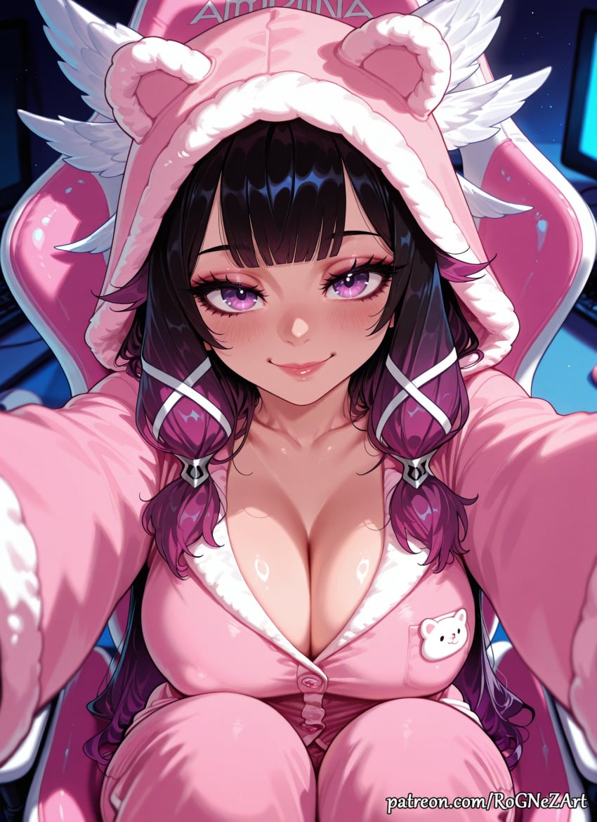 1girl 2026 ai_generated animal_hood anime bangs black_hair blunt_bangs blush boobs breasts cleavage closed_mouth collarbone columbina_(genshin_impact) covered_nipples crossover eye_contact eyelashes female female_focus flushed genshin_impact gradient_hair hair_accessory hair_ornament hair_ribbon head_wings highres hood hood_up hoyoverse huge_breasts large_breasts long_hair long_sleeves looking_at_viewer mihoyo multicolored_hair neutral_expression nsfw outstretched_arms pajamas patreon purple_eyes purple_hair rognezart sitting smile smiling solo two-tone_hair very_long_hair
