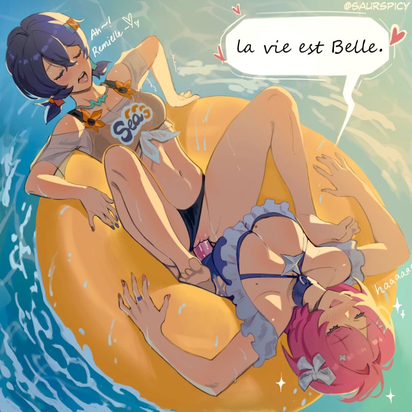 2girls bare_shoulders barefoot belle_(summer_skies)_(zenless_zone_zero) belle_(zenless_zone_zero) bikini bikini_bottom_aside bikini_top_under_shirt bikini_under_clothes blue_hair blue_one-piece_swimsuit blush bow breasts check_translation closed_eyes clothing_aside collarbone commentary_request crossed_bangs dildo double_dildo french_commentary french_text frilled_one-piece_swimsuit frills from_above hair_between_eyes hair_bow hair_ornament highres jewelry large_breasts letter_hair_ornament medium_breasts medium_hair mole mole_on_breast multiple_girls navel object_insertion off-shoulder_shirt off_shoulder official_alternate_costume on_innertube one-piece_swimsuit open_mouth outdoors pink_hair pussy remielle_dan remielle_dan_(dreamland_fest) ring saursunny see-through_clothes see-through_shirt sex_toy shared_object_insertion shirt short_hair speech_bubble sphere_hair_ornament swim_ring swimsuit tied_shirt toes translation_request vaginal water yuri zenless_zone_zero