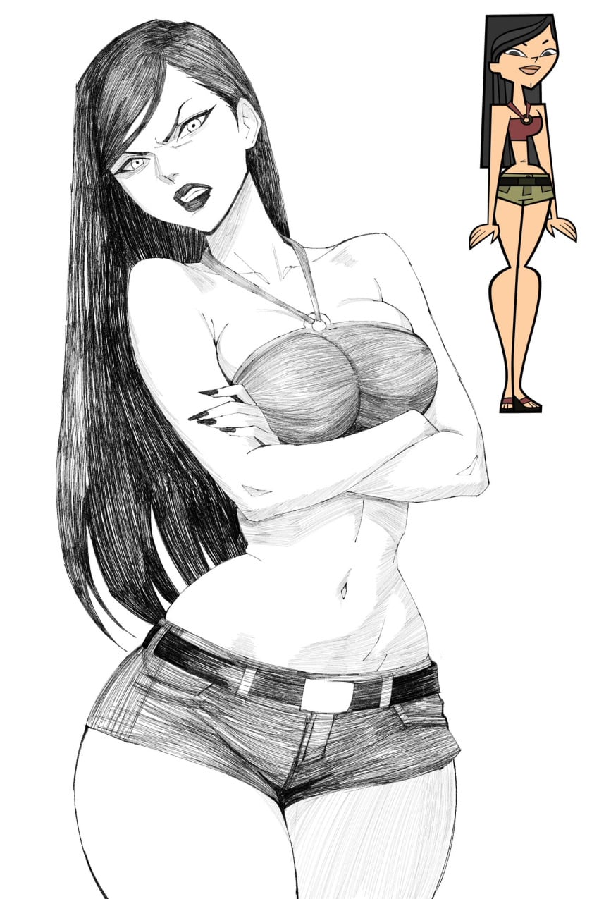 1girls angry angry_expression angry_face annoyed annoyed_expression annoyed_face belly_button big_ass black_and_white child_bearing_hips exposed_midriff heather_(tdi) hex_mamaniac hourglass_figure hourglass_figured_female human human_only jean_shorts lipstick long_fingernails long_hair looking_at_viewer medium_breasts midriff sfw shorts sketch slim_waist tagme thick_thighs top total_drama_island tsundere wide_hips young_woman