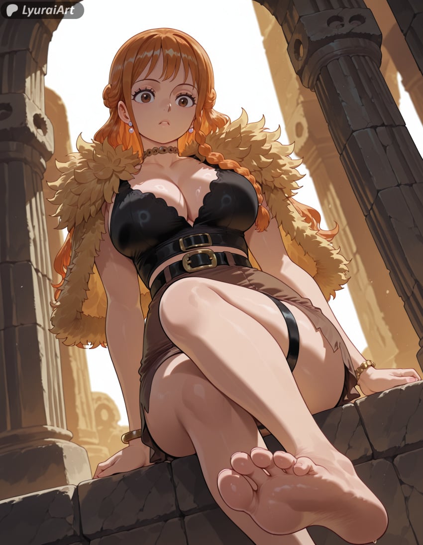 1girl 1girls absurd_res absurd_resolution absurdres ai_generated barefoot big_breasts blush blushing feet feet_fetish feet_focus feet_up female female_focus female_only foot_fetish foot_focus foot_play high_resolution highres light-skinned_female light_skin lyuraiart nami nami_(one_piece) one_piece one_piece:_elbaf_arc orange_hair sexy_body sexy_pose soles soles_fetish sweat sweating sweaty sweaty_body teasing thick_thighs thighs wide_hips