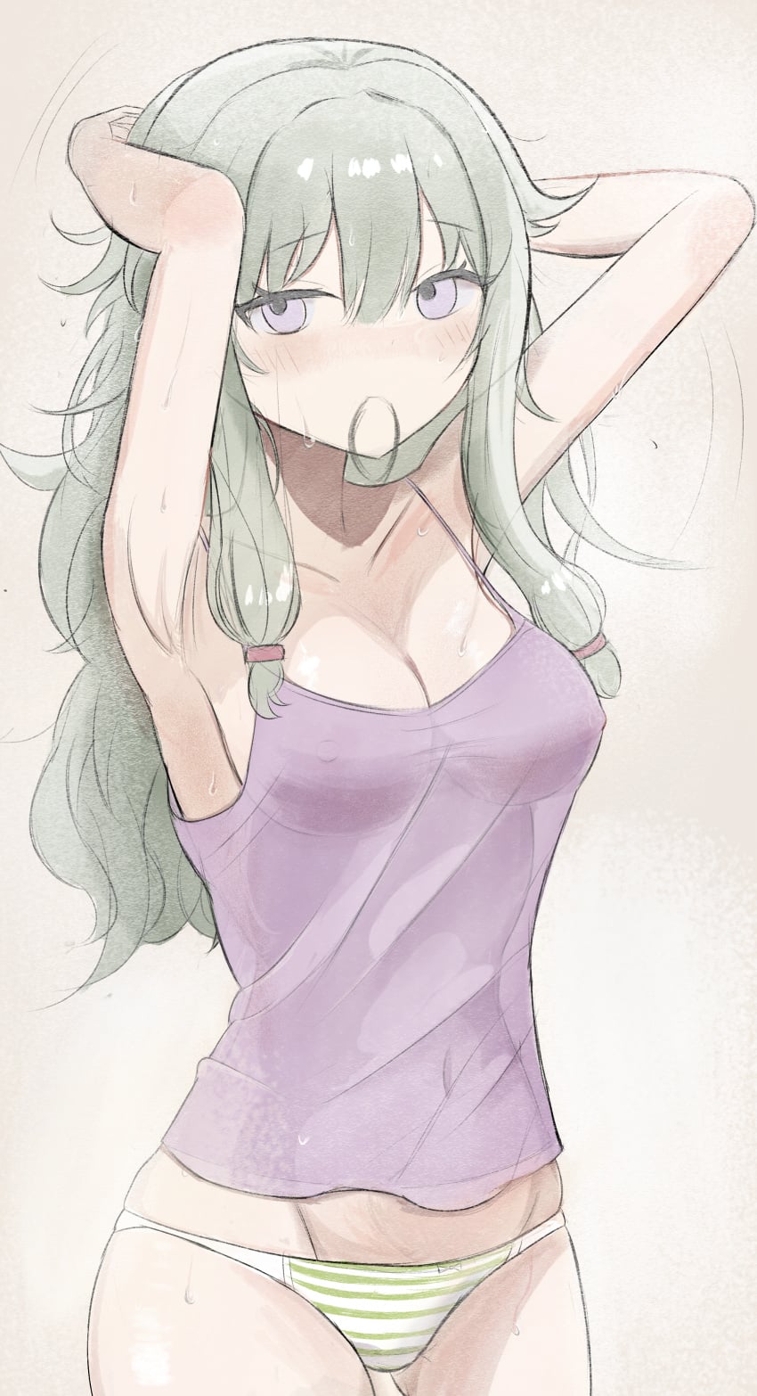 1girls armpits blush breasts female green_hair kusanagi_nene looking_at_viewer nipples nipples_visible_through_clothing panties project_sekai purple_eyes see-through see-through_clothing