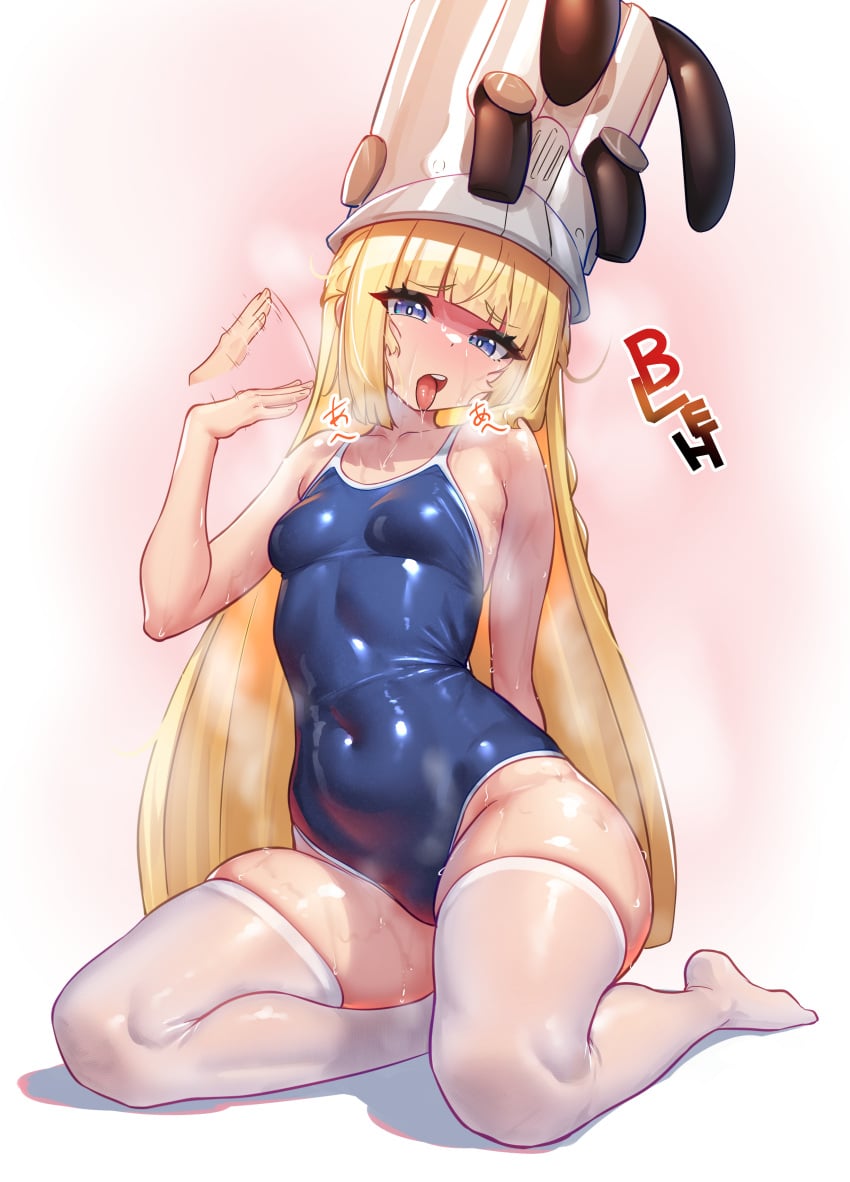 1girl absurdres blonde_hair blue_eyes blue_one-piece_swimsuit breasts commentary_request covered_navel gradient_background grey_hat hat highres hot long_hair looking_at_viewer nicchi norma_hollowell one-piece_swimsuit open_mouth pink_background school_swimsuit small_breasts solo stomach sweat swimsuit thighhighs thighs tongue tongue_out zenless_zone_zero