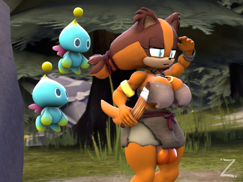 3d anthro balls boomerang brown_body brown_fur chao_(sonic) furry futanari hair holding_weapon orange_body orange_fur sonic_(series) sonic_boom sticks_the_badger sticks_the_jungle_badger sticks_the_tejon twintails weapon zeniix98