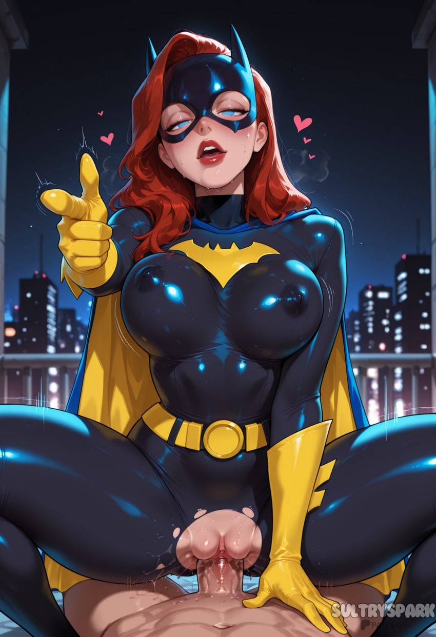 1boy 1girl ai_generated artist_name barbara_gordon batgirl batgirl_(barbara_gordon) batman_(series) belt black_bodysuit blue_eyes bodysuit breasts cape clothed_female_nude_male clothed_sex covered_nipples cowgirl_position dc dc_comics dick_grayson futarush girl_on_top gloves heart hetero large_breasts latex long_hair looking_at_viewer mask night nightwing nude patreon patreon_username penis pointing_at_viewer pov pov_crotch pussy red_hair red_lips sex solo_focus squatting_cowgirl_position straddling sultryspark superhero torn_bodysuit torn_clothes uncensored vaginal yellow_gloves