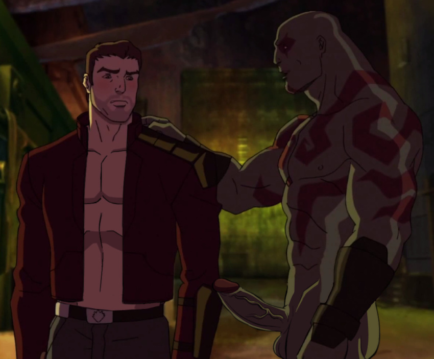 2boys abs ass bald biceps body_markings brown_eyes clothed clothed_male_nude_male cmnm drax_the_destroyer erect_nipples guardians_of_the_galaxy huge_cock human interspecies inviting_to_sex light-skinned_male light_skin male/male male_only marvel muscular nude open_jacket pecs peter_quill phausto red_hair starlord stubble tattoo veiny_penis yaoi