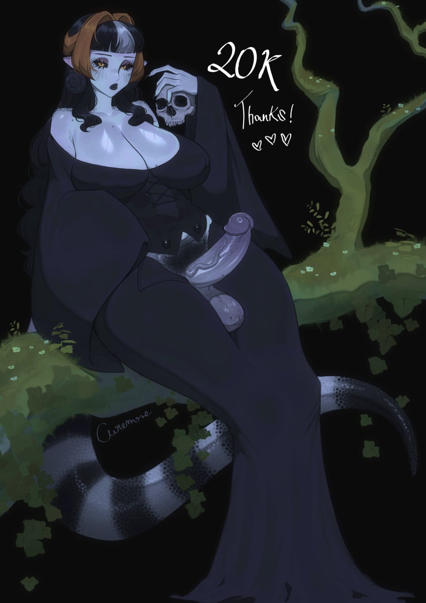 belly curemone dinosaur_girl excessive_pubic_hair futa_only futanari goth goth_girl goth_mommy mature_female mommy pale_skin pubic_hair skull tail trunk veiny_penis xorah_(curemone)