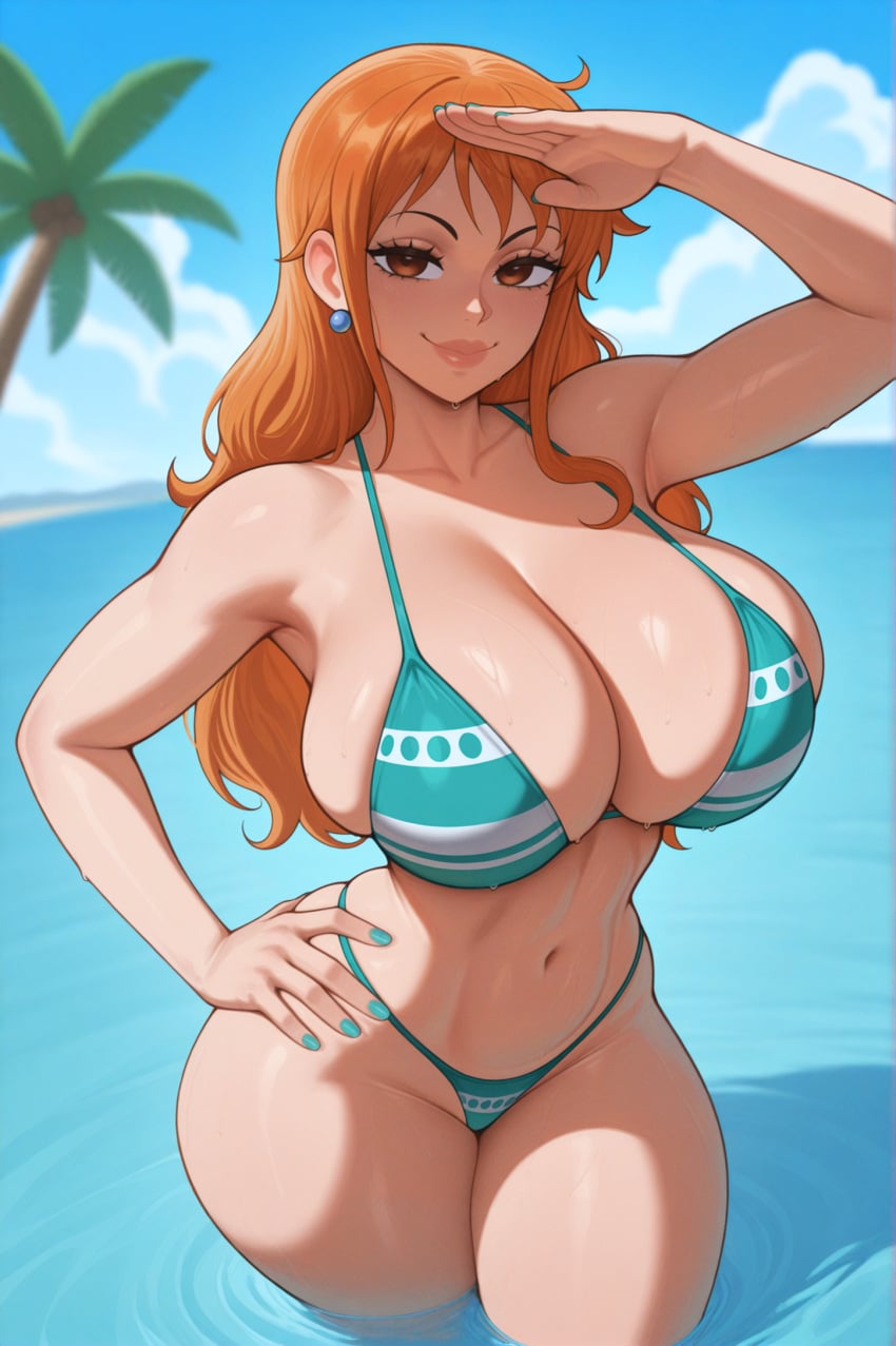 1girls ai_generated arm_tattoo big_breasts blush boobs breasts brown_eyes curvy curvy_female curvy_figure earrings female green_nails huge_breasts large_breasts light-skinned_female light_skin long_hair looking_at_viewer nami_(one_piece) one_piece orange_hair slim_waist stuffyai tattoo thick thick_legs thick_thighs thighs tits underwear wide_hips