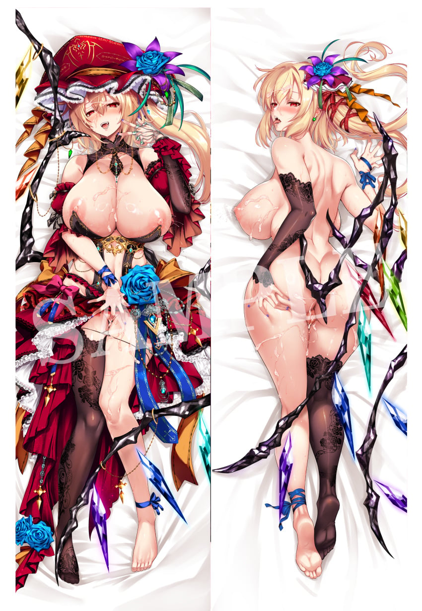 1girl absurdres aged_up ass bed_sheet black_thighhighs blonde_hair blue_flower blue_rose breasts cleavage commentary_request crystal_wings cum cum_in_pussy cum_on_body cum_on_breasts dakimakura_(medium) earrings facial fangs flandre_scarlet flower full_body hair_flower hair_ornament hat highres huge_breasts jewelry lactation long_hair lying mob_cap multiple_views necklace nipples nude on_back on_bed ouma_tokiichi pussy red_eyes red_hat reitaisai rose sample_watermark single_thighhigh thighhighs touhou variant_set watermark wings