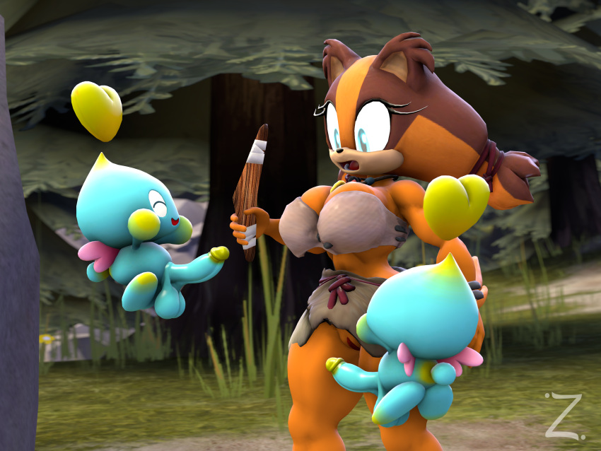 3d anthro badger blue_body blue_eyes boomerang breasts brown_body brown_fur brown_hair chao_(sonic) eyelashes hair holding_weapon nipples orange_body orange_fur penis pussy sonic_(series) sonic_boom sticks_the_badger sticks_the_jungle_badger sticks_the_tejon twintails weapon zeniix98