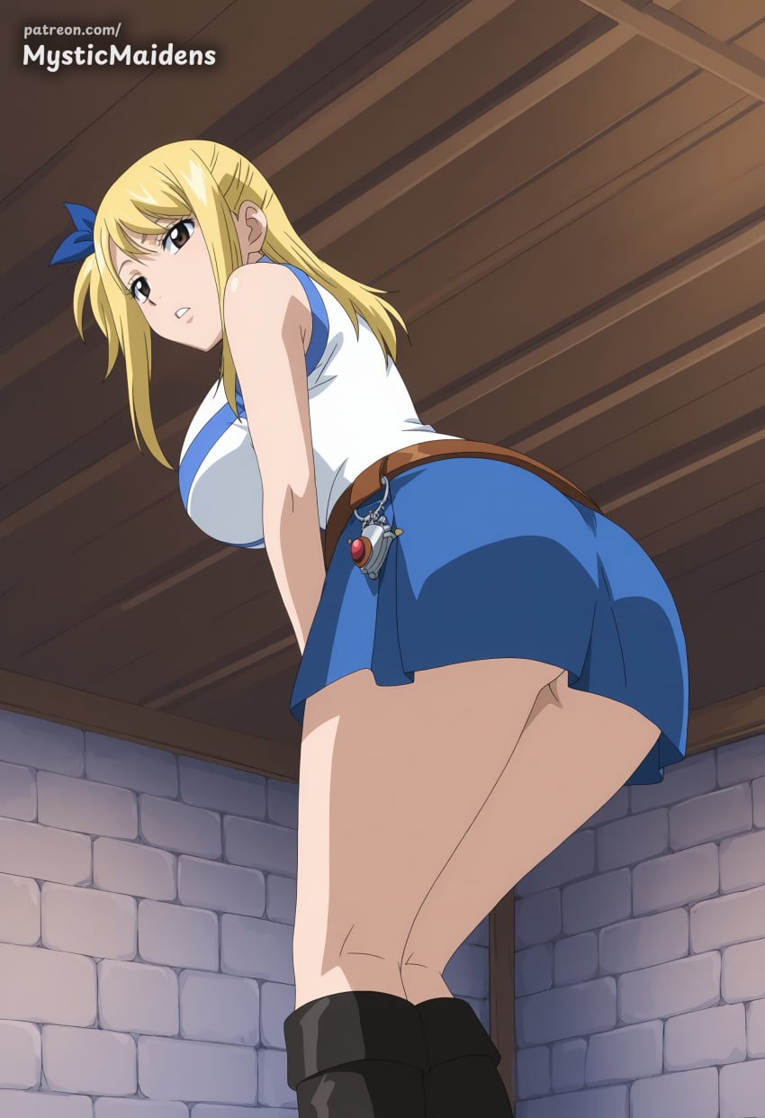 1girl ai_generated anime anime_style ass belt blonde_hair blue_ribbon blue_skirt boots breasts brown_eyes fairy_tail from_behind from_below hentai hi_res large_breasts long_hair looking_at_viewer looking_back lucy_heartfilia miniskirt mystic_maidens one_side_up parted_lips patreon patreon_username shirt skirt sleeveless solo thighs web_address
