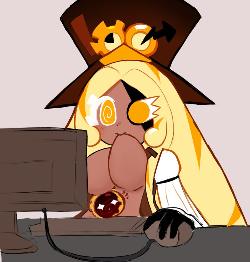 1girls 1other breasts computer computer_monitor cookie_run cookie_run_kingdom cookie_run_ovenbreak dark-skinned_female hat meme mouse_(computer) partially_clothed sucking_breasts_meme sucking_nipples tagme_(artist) timekeeper_cookie tophat