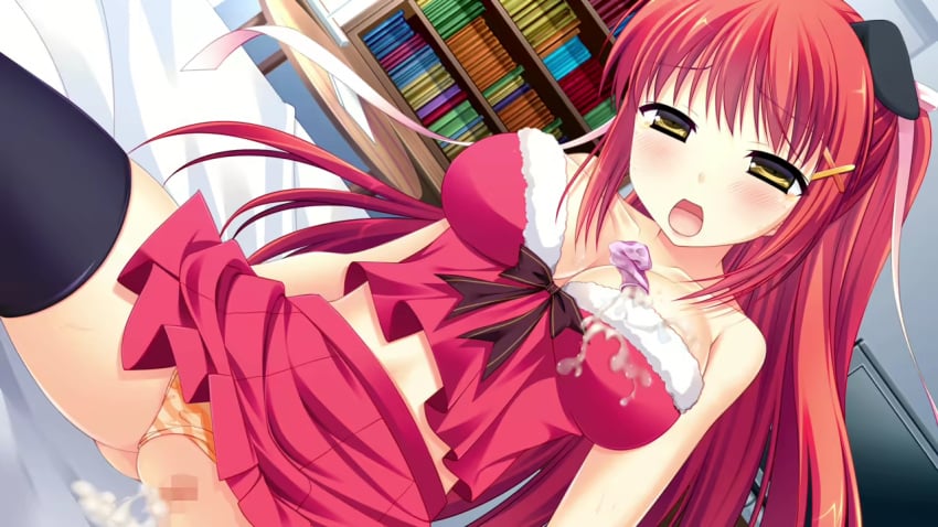 1boy 1girl after_sex animal_ears aroused ayamisiro bed bed_sheet black_bow black_thighhighs bookshelf bow breasts censored clothing_aside condom cum cum_in_pussy cum_on_body cum_on_breasts cumdrip fake_animal_ears fur-trimmed_shirt fur_trim game_asset hair_bow hair_ornament half-closed_eyes indoors long_hair miniskirt mosaic_censoring nanase_hikari_(natsu_koi_high_pressure) natsu_koi_high_pressure non-web_source off_shoulder official_art on_bed open_mouth orange_panties panties panties_aside pleated_skirt ponytail pussy red_hair red_shirt red_skirt santa_costume shirt sitting skirt sleeveless sleeveless_shirt table thighhighs underwear used_condom x_hair_ornament yellow_eyes